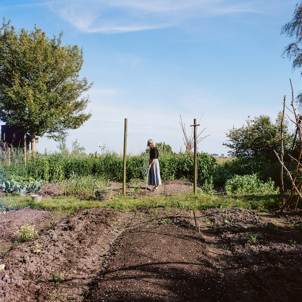 Foto van Cornelie die de moestuin aan harkt